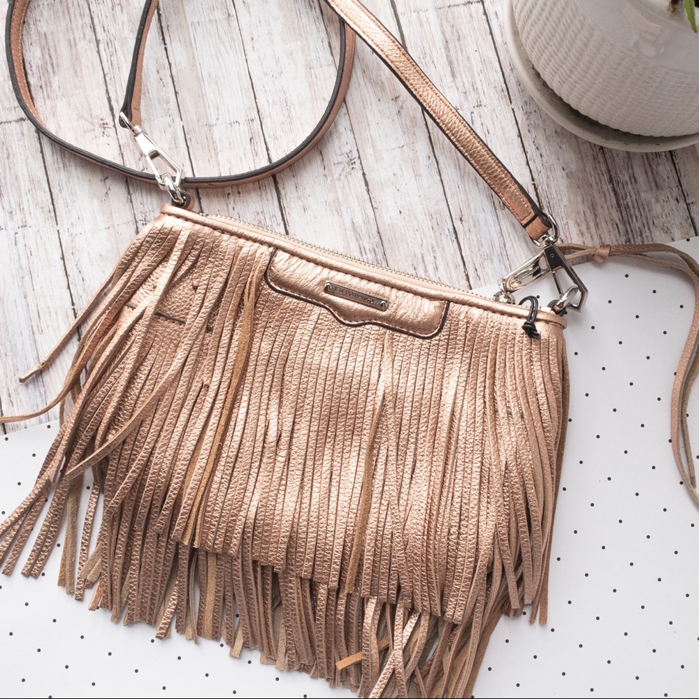 REBECCA MINKOFF | Finn Fringe Leather Convertible Clutch/Crossbody Rose Gold